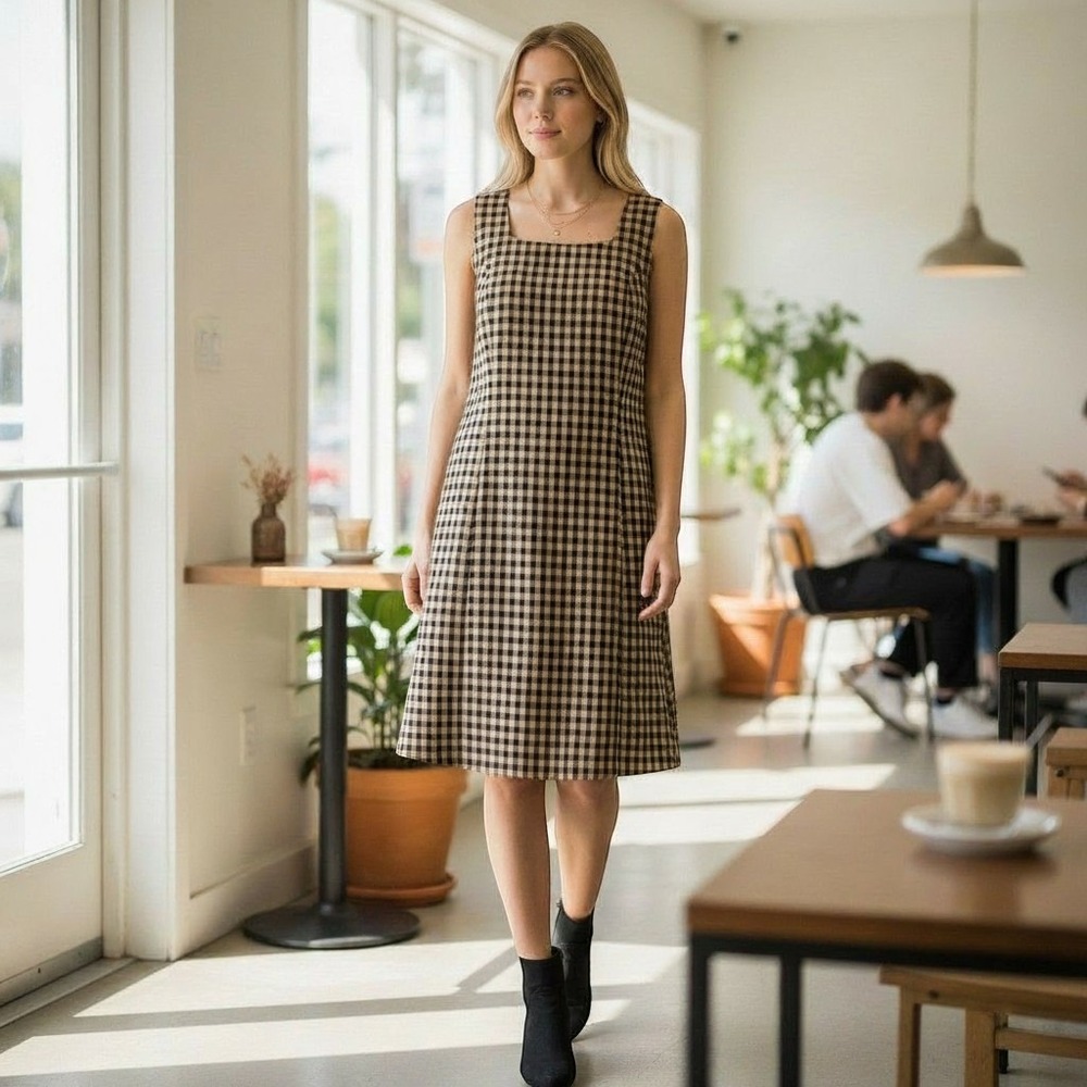 J. Jill Brown Black Gingham Check Ponte Knit Sleeveless Sheath Dress Small Fall